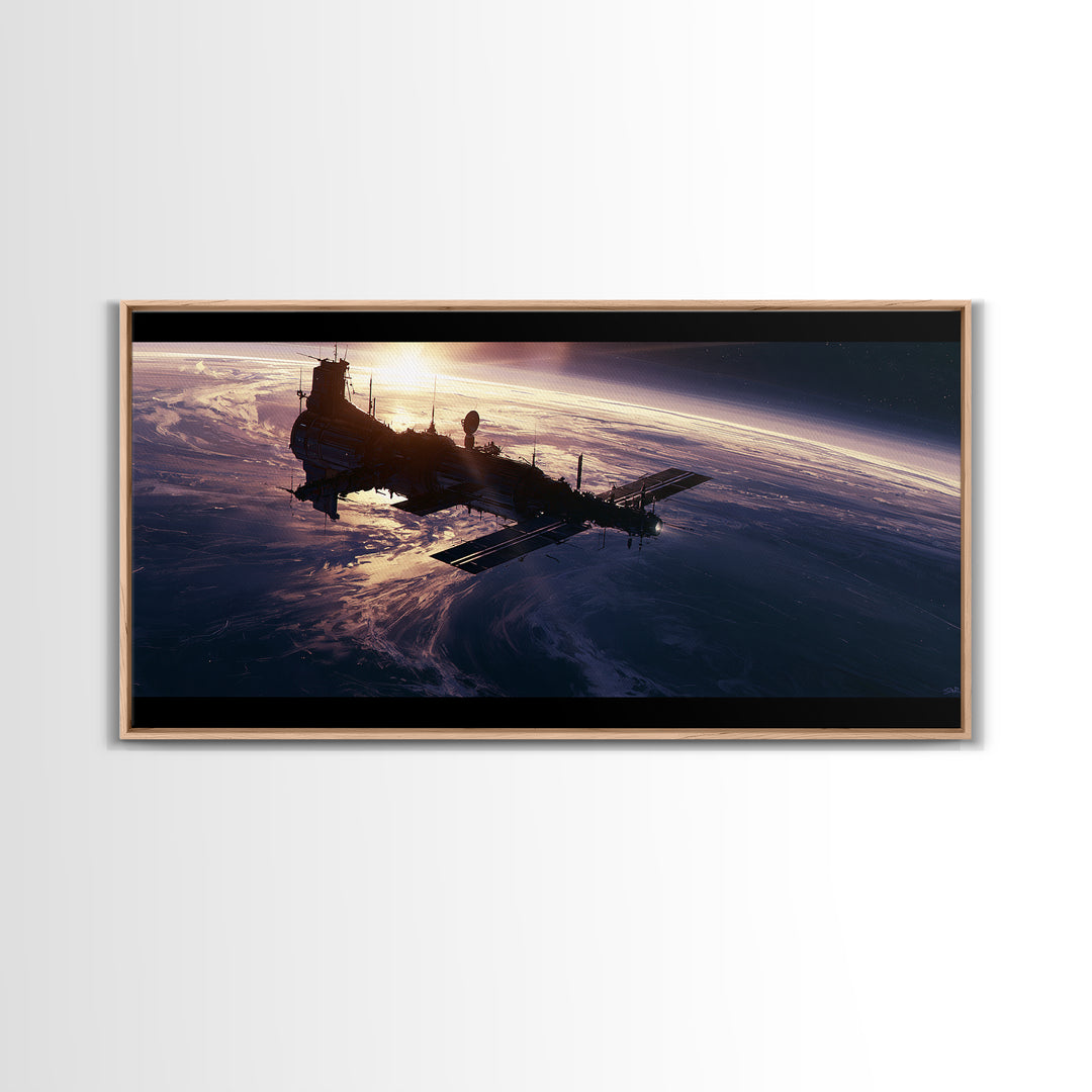 Space Station Silhouetted by Sunrise Framed Canvas Print, Space Art, Digital Wall Art, Spa Decor, Oil Painting, Serenity, SAR-2x1-92