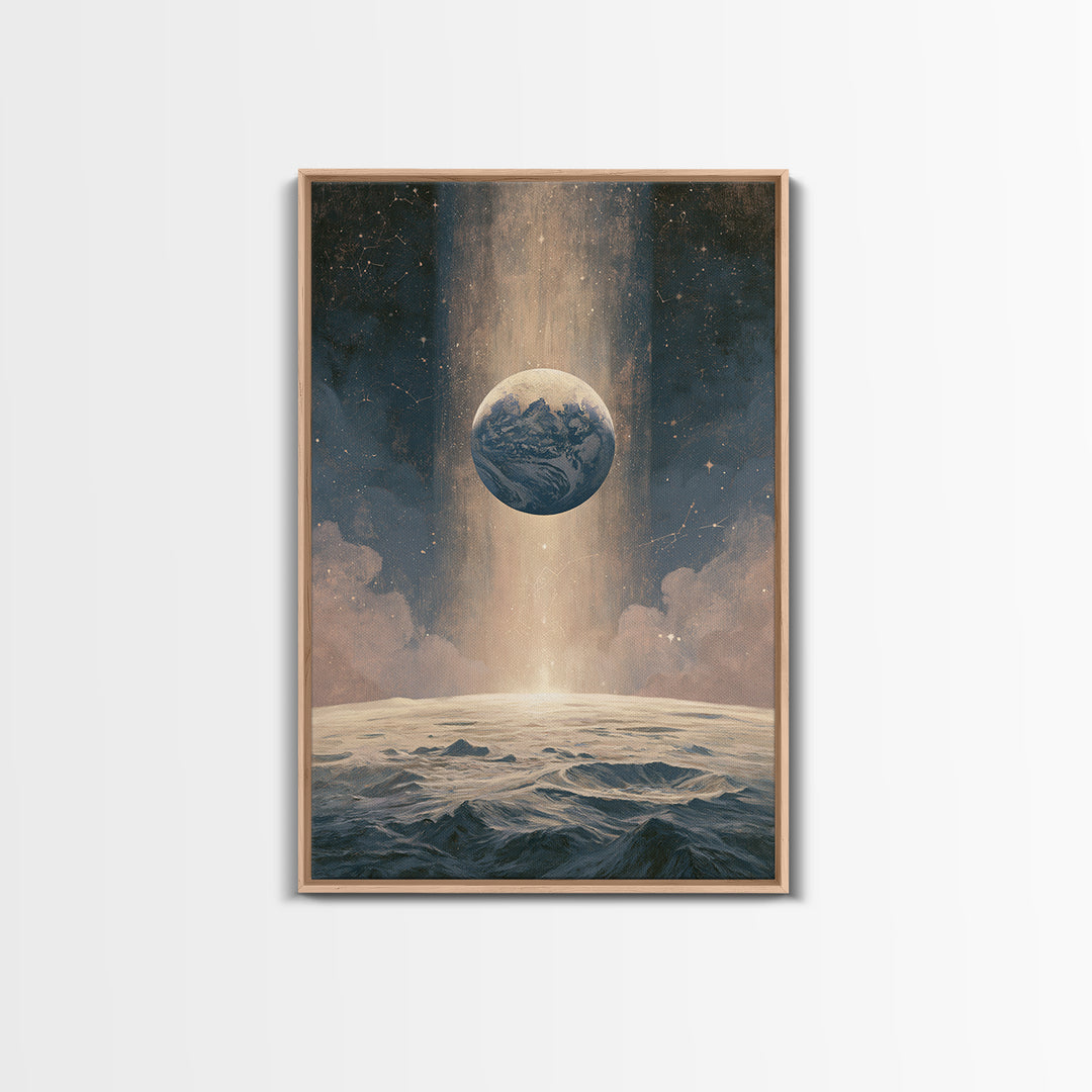 Moon Surface with Earth Hanging Above Framed Canvas Print, Space Art, Canvas Wall Art, Spa Decor, Fine Art, Serenity, SAR-2x3-37