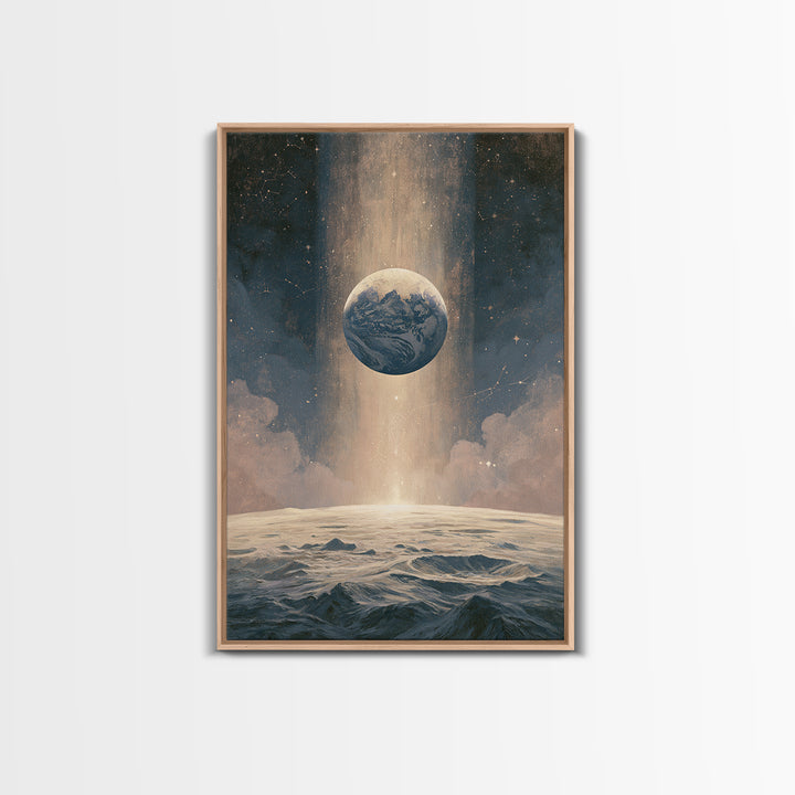Moon Surface with Earth Hanging Above Framed Canvas Print, Space Art, Canvas Wall Art, Spa Decor, Fine Art, Serenity, SAR-2x3-37