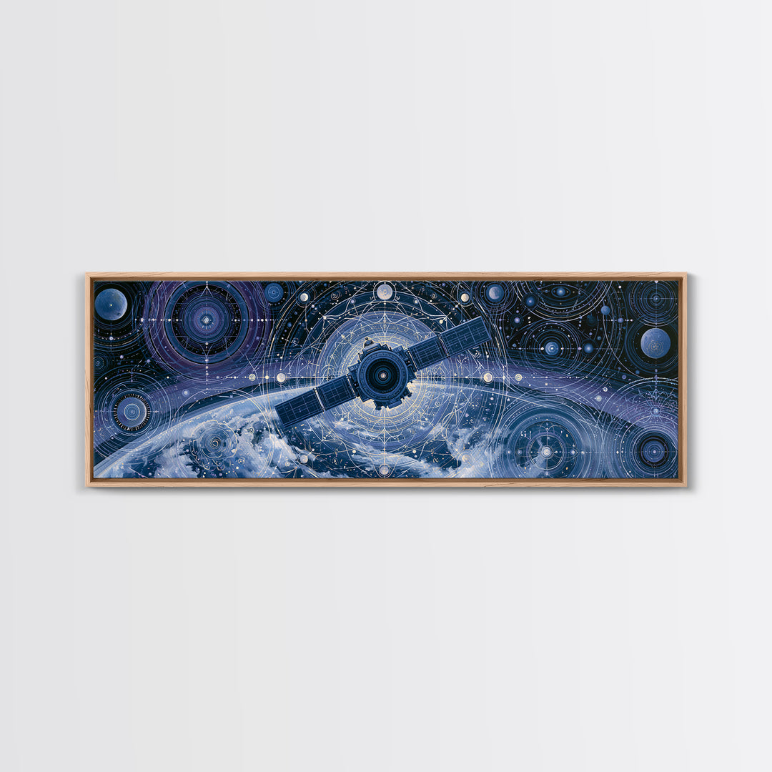 Satellite Orbiting Above Blue Planet Canvas Print, Space Art, Painting, Spa Decor, Abstract Art, Serenity, Canvas Wall Art, SAR-3x1-100