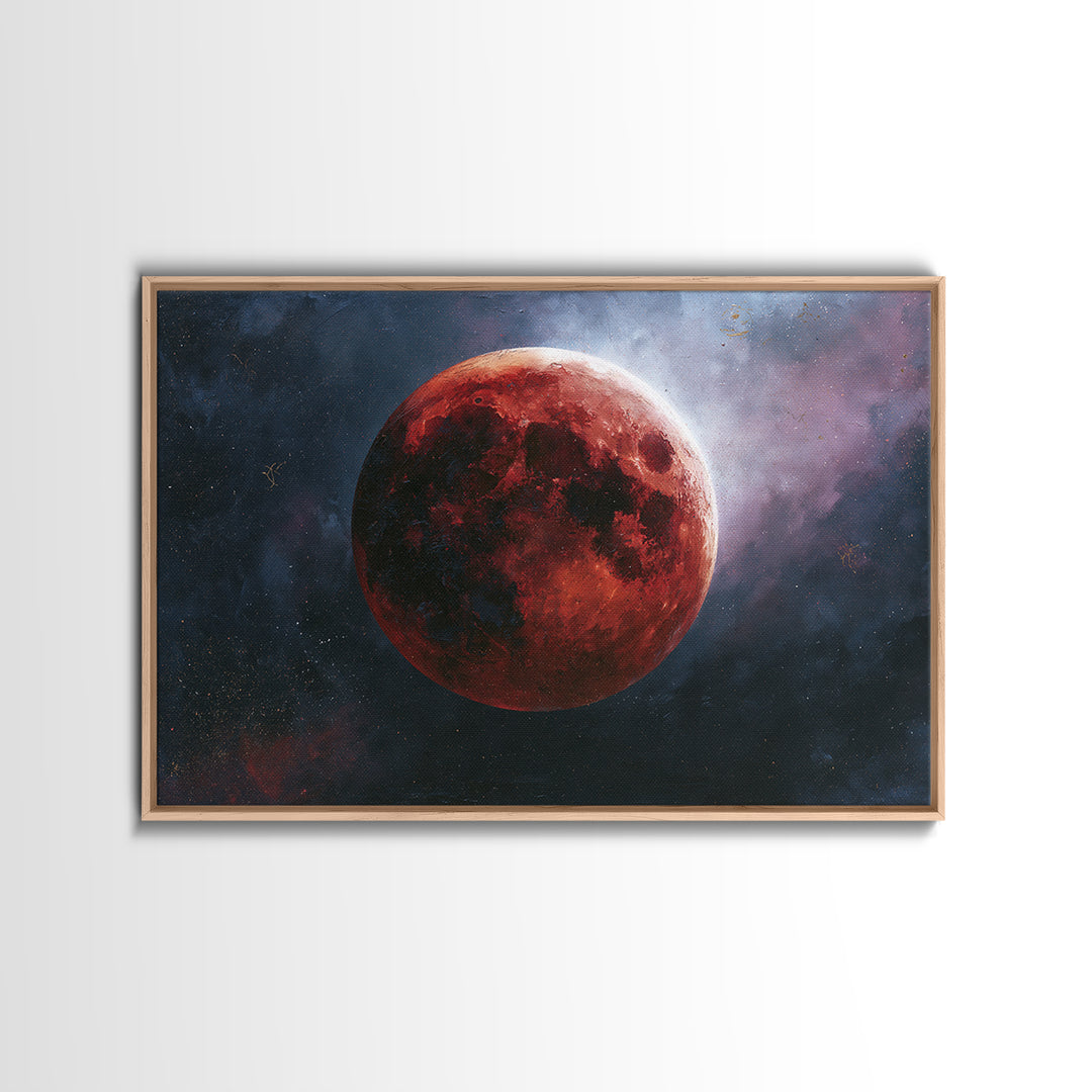 Lunar Eclipse in Deep Red Tones Framed Canvas Print, Space Art, Digital Art, Spa Decor, Fine Art, Serenity, Modern Wall Art, SAR-3x2-39