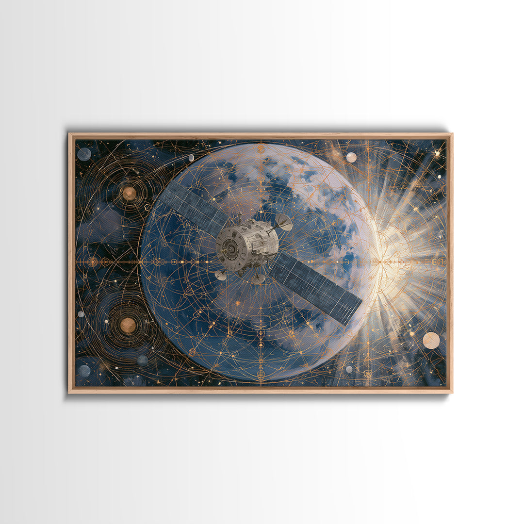 Satellite Orbiting Above Blue Planet Framed Canvas Print, Space Art, Textured Painting, Spa Decor, Oil Painting, Serenity, SAR-3x2-40