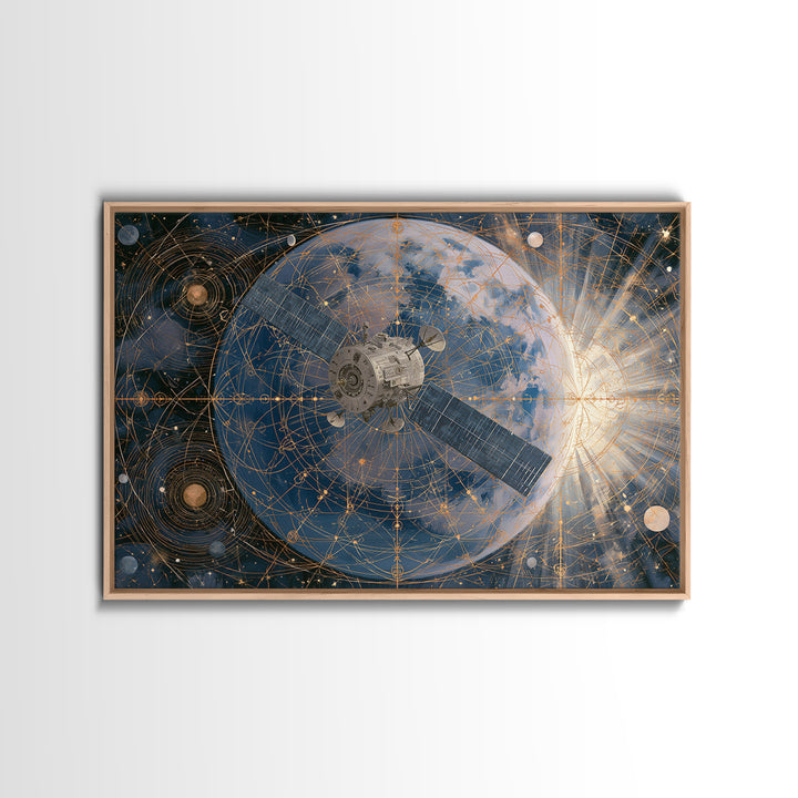 Satellite Orbiting Above Blue Planet Framed Canvas Print, Space Art, Textured Painting, Spa Decor, Oil Painting, Serenity, SAR-3x2-40