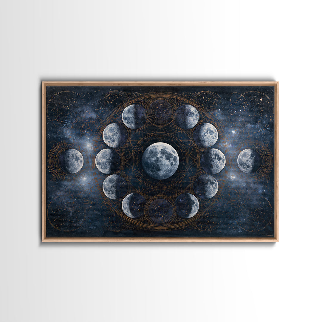 Moon Phases in Elegant Monochrome Framed Canvas Print, Space Art, Textured Painting, Spa Decor, Fine Art, Serenity, Art Prints, SAR-3x2-45
