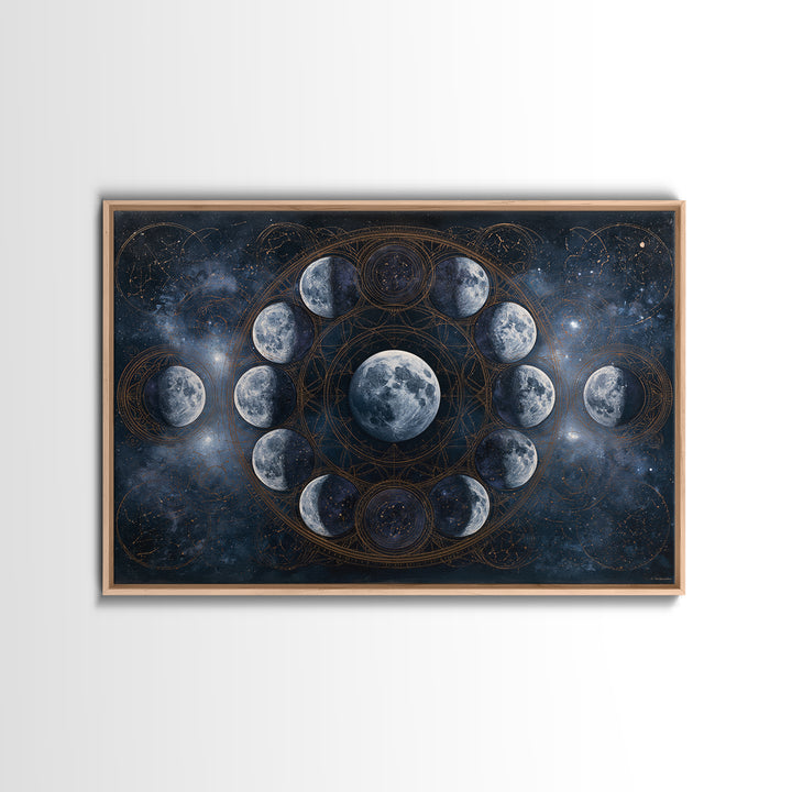 Moon Phases in Elegant Monochrome Framed Canvas Print, Space Art, Textured Painting, Spa Decor, Fine Art, Serenity, Art Prints, SAR-3x2-45