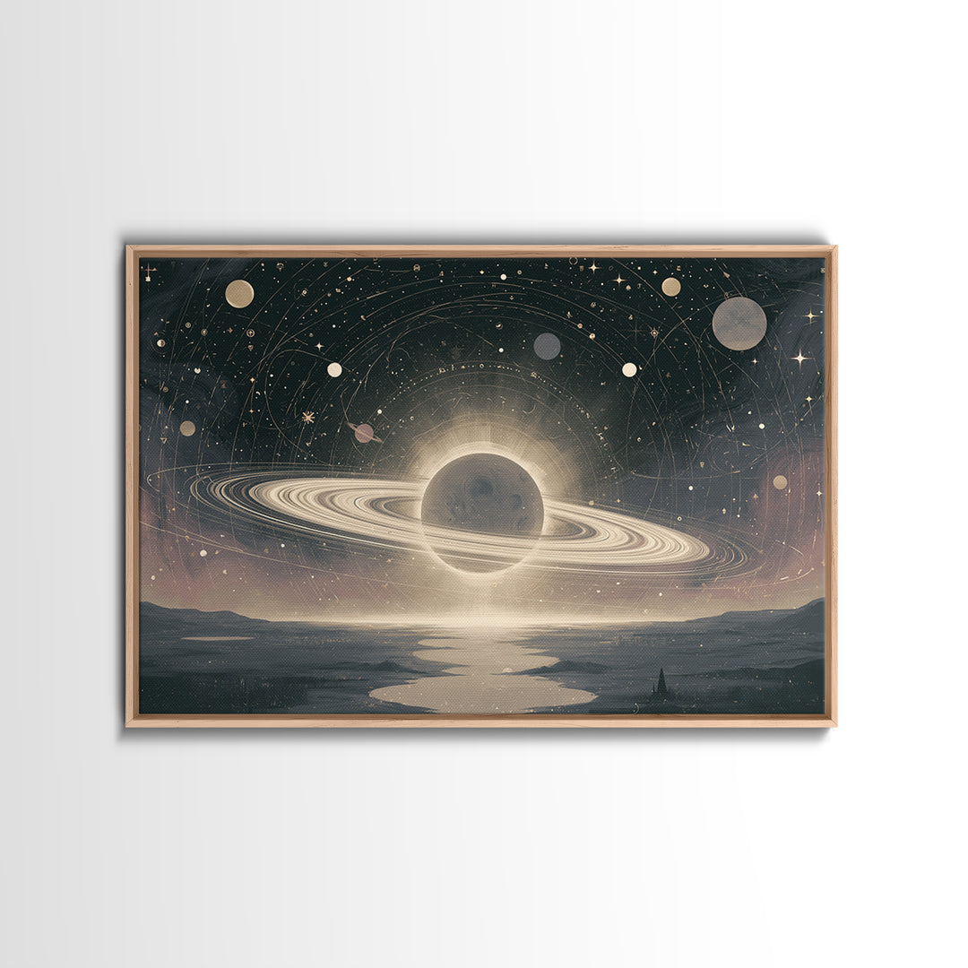 Ringed Planet Rising Framed Canvas Print, Space Art, Space, Spa Decor, Fine Art, Serenity, Statement Artwork, Boho Decor, SAR-3x2-6