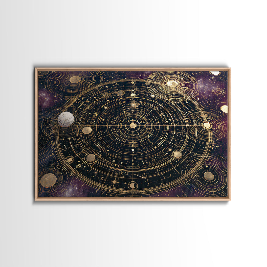 Solar System Arrangement Framed Canvas Print, Space Art, Spa Decor, Watercolor Art, Serenity, Living Room Wall Art, SAR-3x2-80