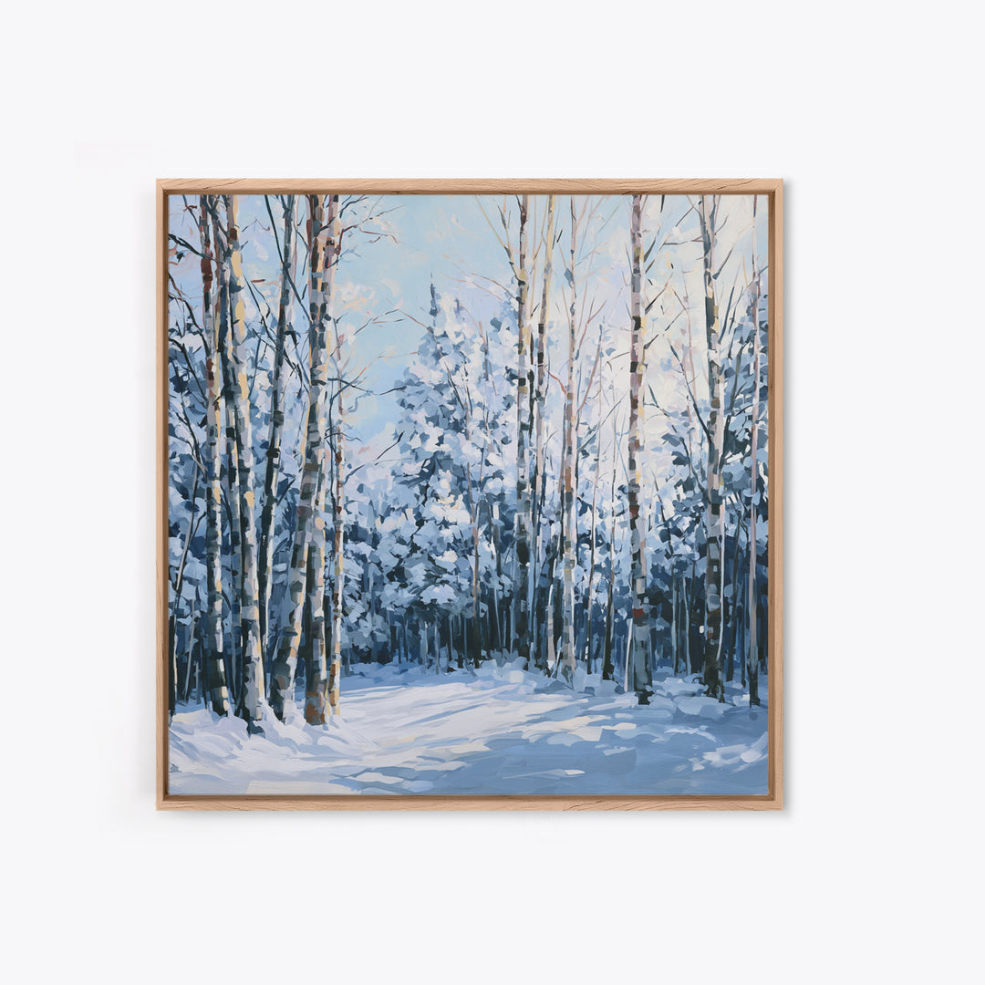 Snowy Nordic Forest Framed Canvas Print, Scandinavian Art, Textured Painting, Living Room Decor, Nordic, Christmas Decor, SCA-1x1-1