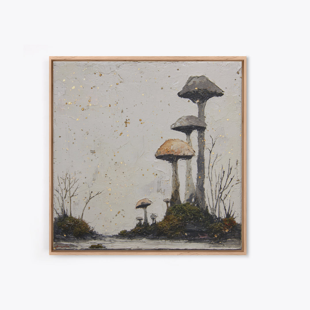 Simple Mushroom and Moss Forest Study Framed Canvas Print, Scandinavian Art, Boho Wall Decor, Living Room Decor, Nordic, SCA-1x1-24