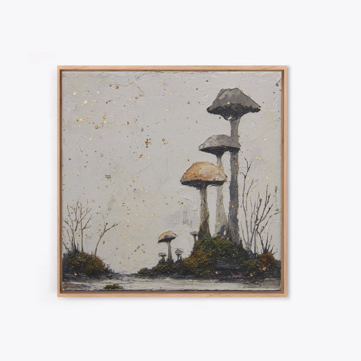 Simple Mushroom and Moss Forest Study Framed Canvas Print, Scandinavian Art, Boho Wall Decor, Living Room Decor, Nordic, SCA-1x1-24