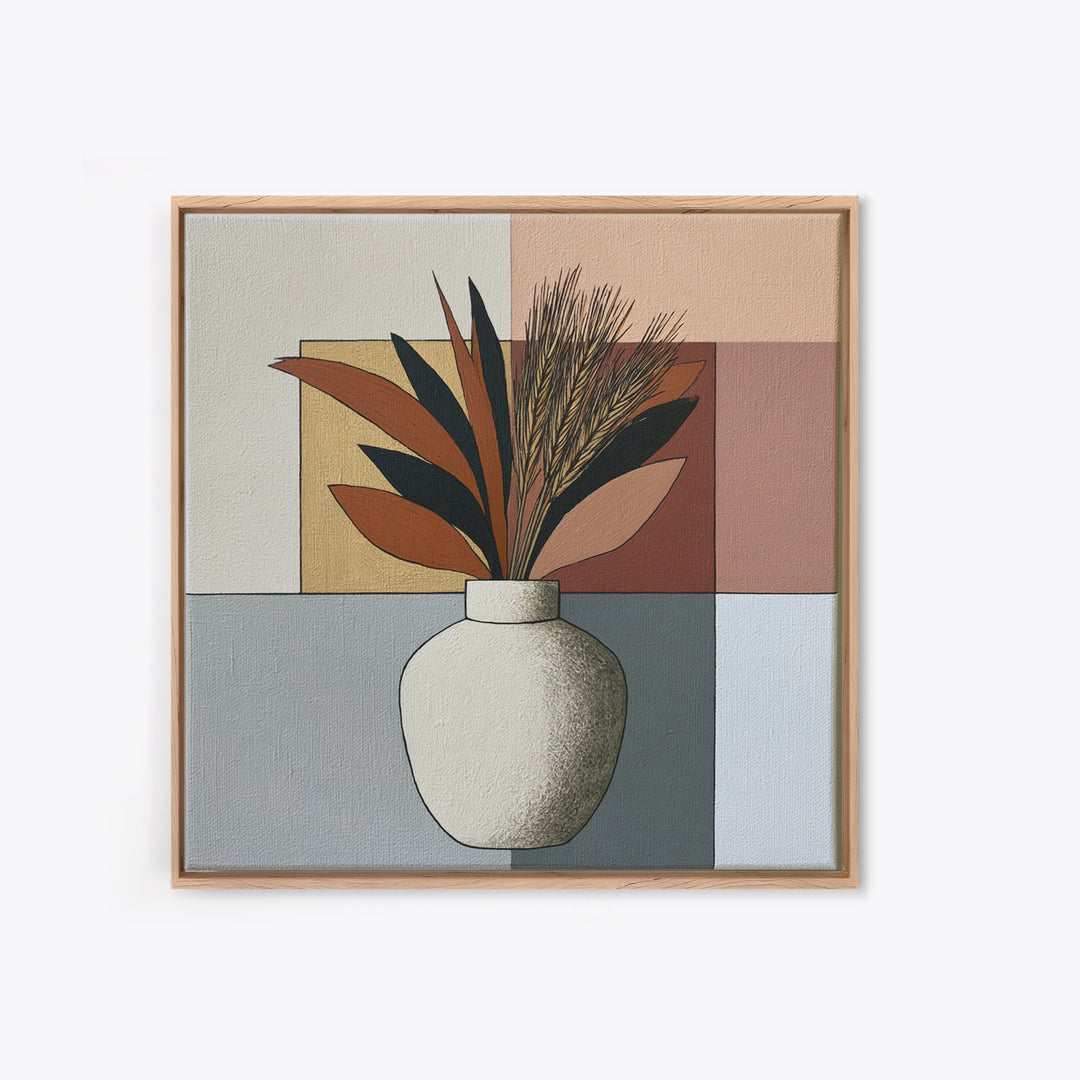 Ceramic Vase with Dried Grasses Framed Canvas Print, Scandinavian Art, Living Room Decor, Oil Painting, Nordic, SCA-1x1-37