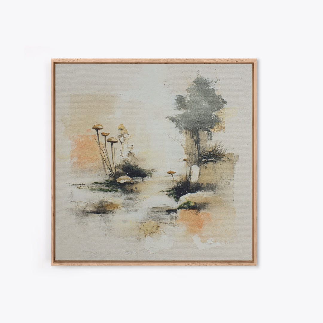 Simple Mushroom and Moss Forest Study Framed Canvas Print, Scandinavian Art, Decor, Living Room Decor, Oil Painting, Nordic, SCA-1x1-48