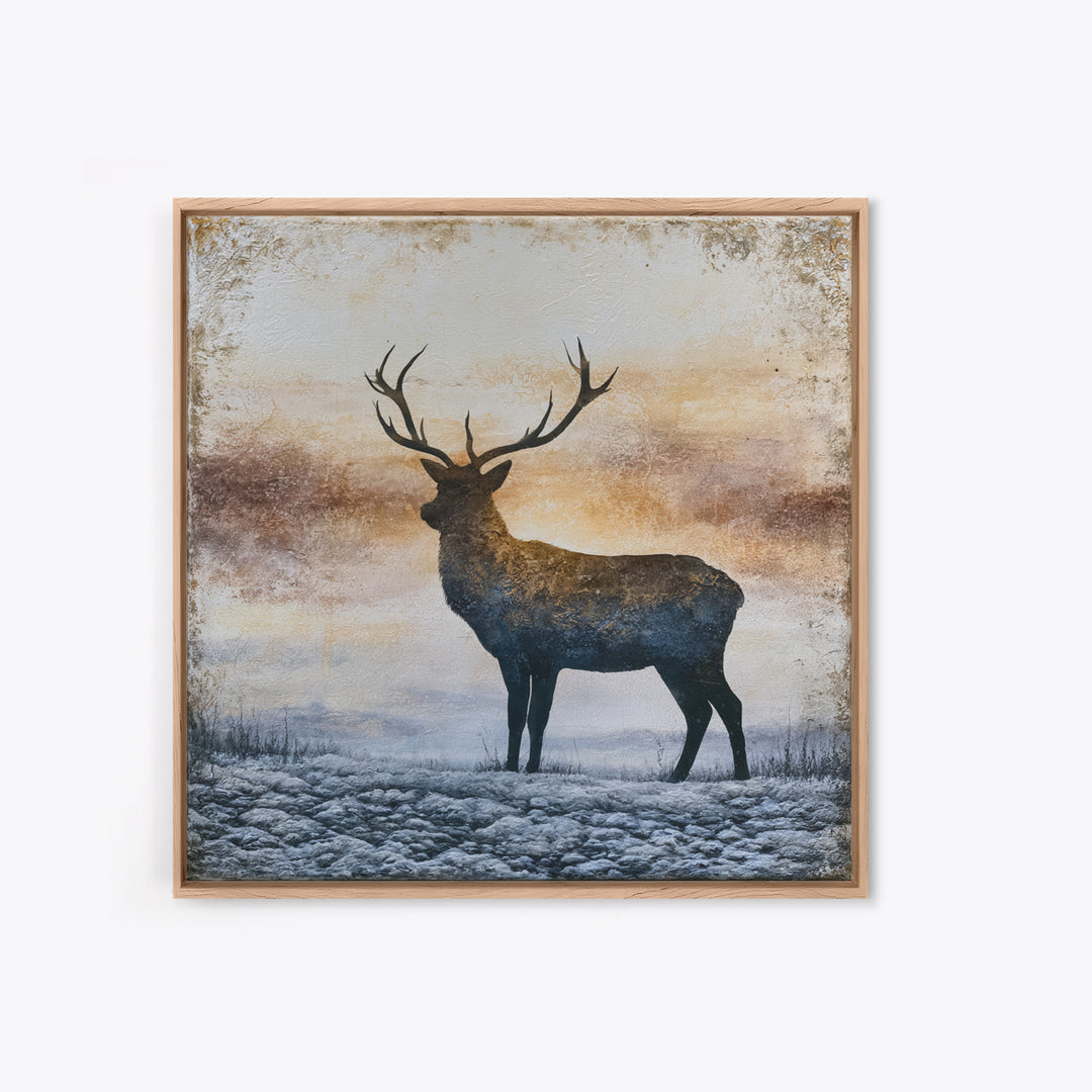 Reindeer Silhouette in Snowy Landscape Framed Canvas Print, Scandinavian Art, Abstract Painting, Living Room Decor, Nordic, SCA-1x1-6