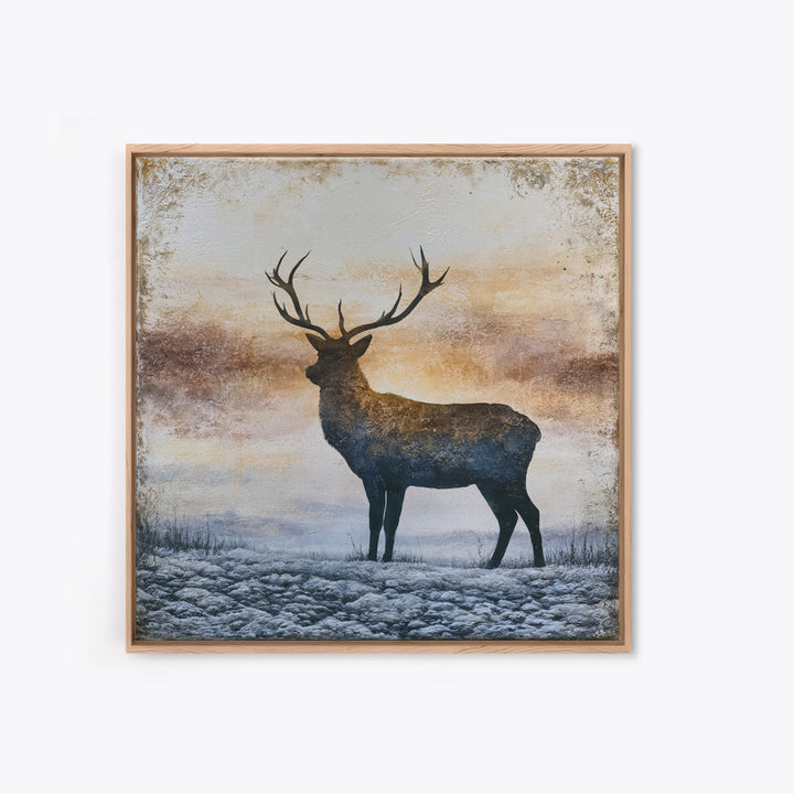 Reindeer Silhouette in Snowy Landscape Framed Canvas Print, Scandinavian Art, Abstract Painting, Living Room Decor, Nordic, SCA-1x1-6