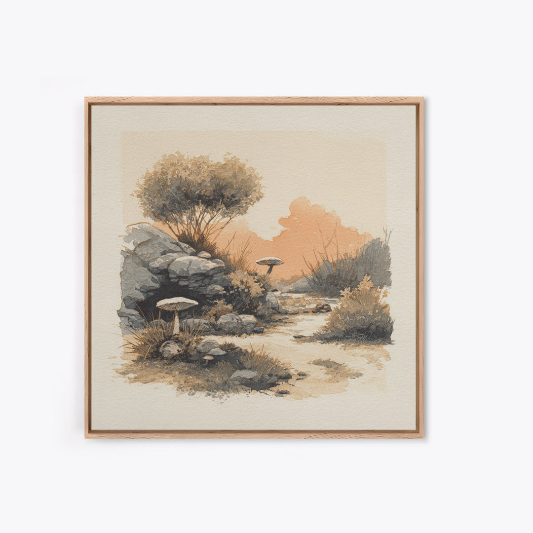Simple Mushroom and Moss Forest Study Framed Canvas Print, Scandinavian Art, Abstract Painting, Living Room Decor, Nordic, SCA-1x1-72