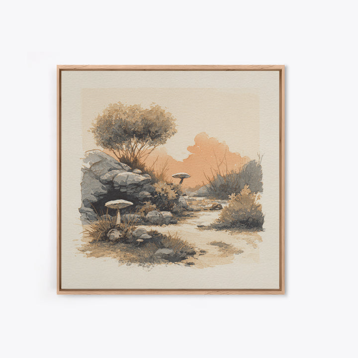 Simple Mushroom and Moss Forest Study Framed Canvas Print, Scandinavian Art, Abstract Painting, Living Room Decor, Nordic, SCA-1x1-72