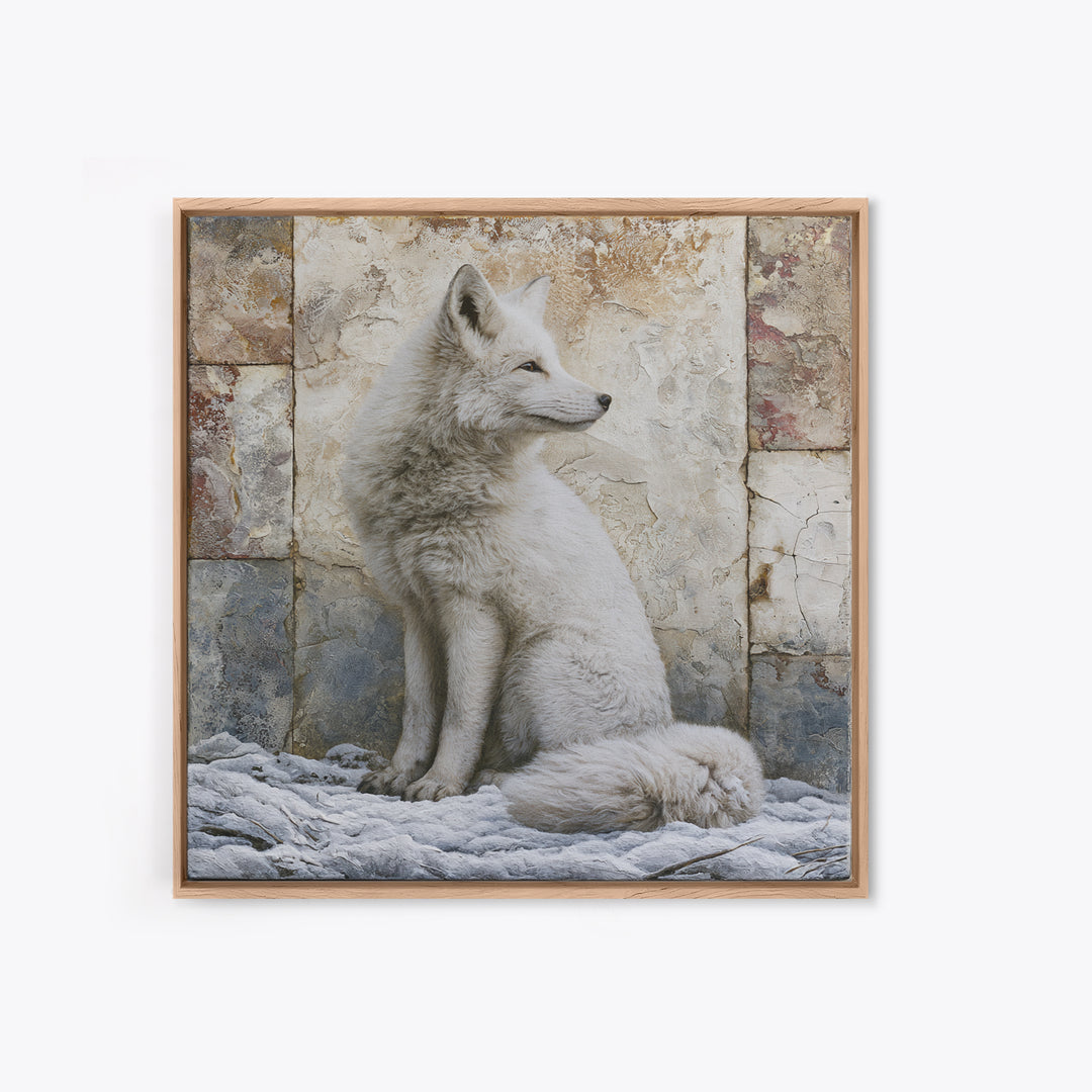 White Fox in Quiet Snow Framed Canvas Print, Scandinavian Art, Living Room Wall Art, Living Room Decor, Abstract Art, Nordic, SCA-1x1-84
