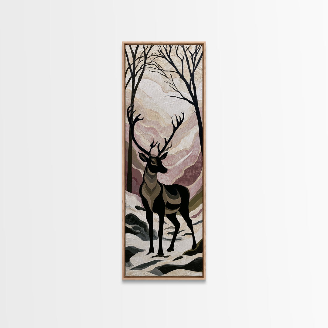 Reindeer Silhouette in Snowy Landscape Canvas Print, Scandinavian Art, Luxury Decor, Living Room Decor, Oil Painting, Nordic, SCA-1x3-18