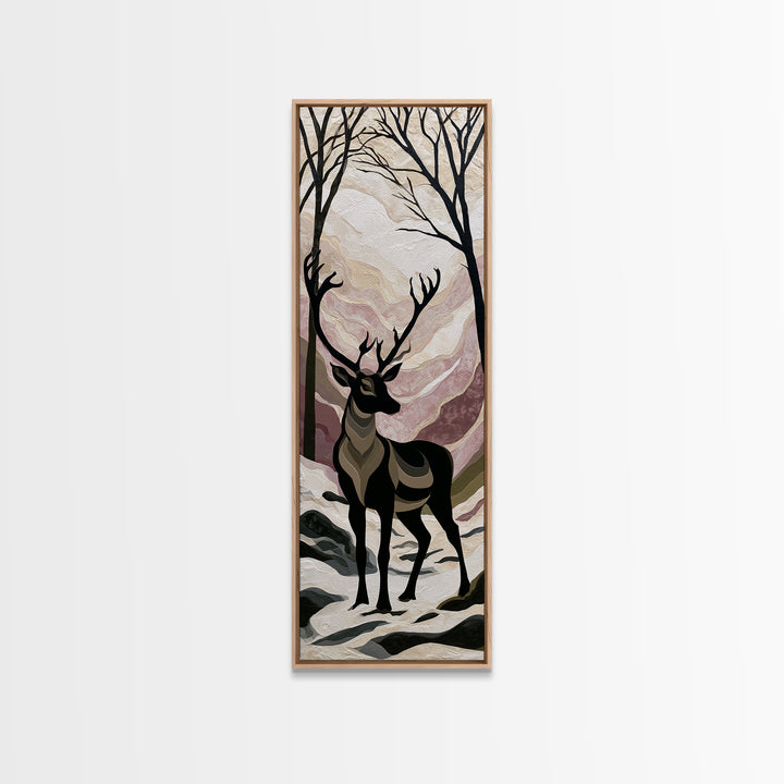 Reindeer Silhouette in Snowy Landscape Canvas Print, Scandinavian Art, Luxury Decor, Living Room Decor, Oil Painting, Nordic, SCA-1x3-18