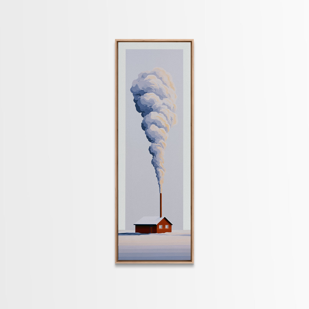 Winter Cabin Smoke Framed Canvas Print, Scandinavian Art, Fine Art Print, Living Room Decor, Oil Painting, Nordic, Printable, SCA-1x3-54