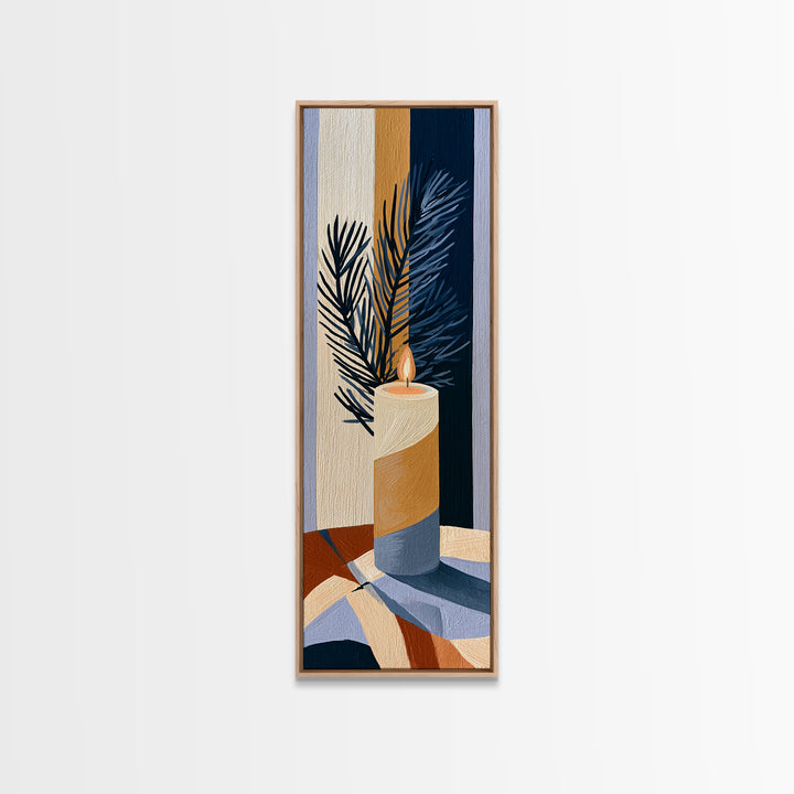 Hygge Candle and Pine Branch Still Life Canvas Print, Scandinavian Art, Abstract Painting, Living Room Decor, Nordic, SCA-1x3-64