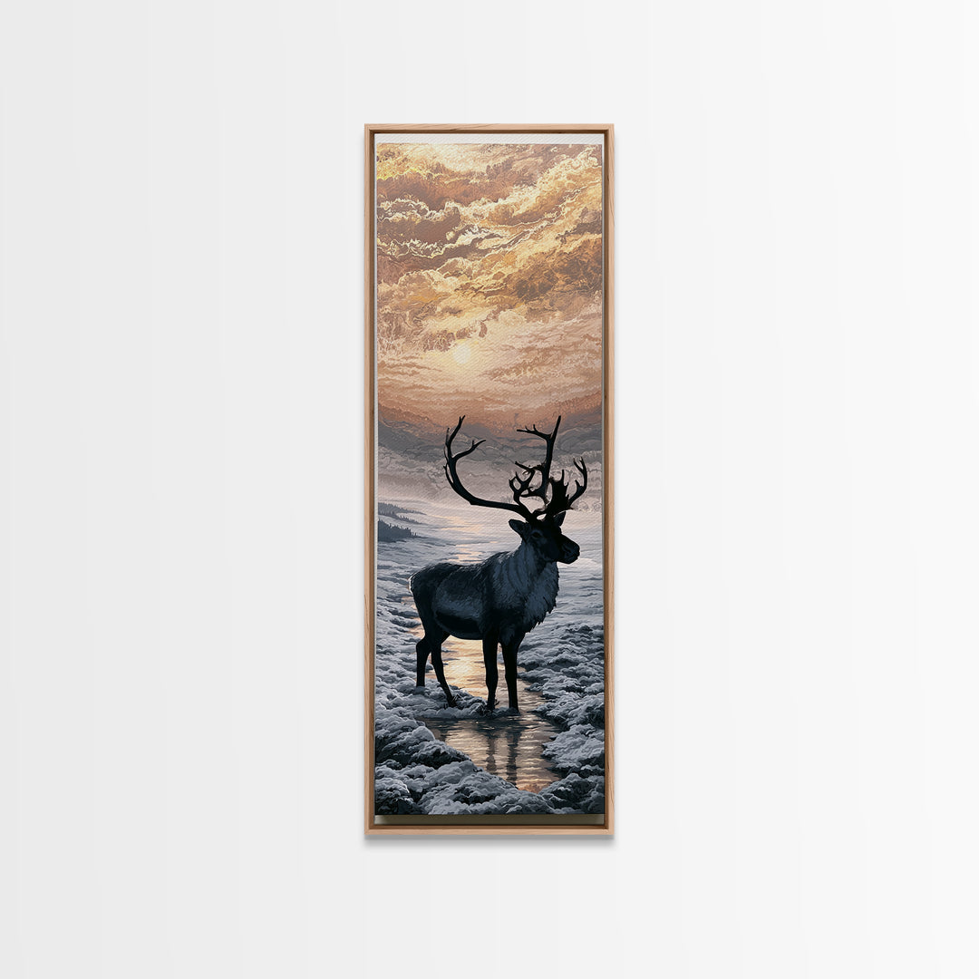 Reindeer Silhouette in Snowy Landscape Framed Canvas Print, Scandinavian Art, Wall Art, Living Room Decor, Fine Art, Nordic, SCA-1x3-66