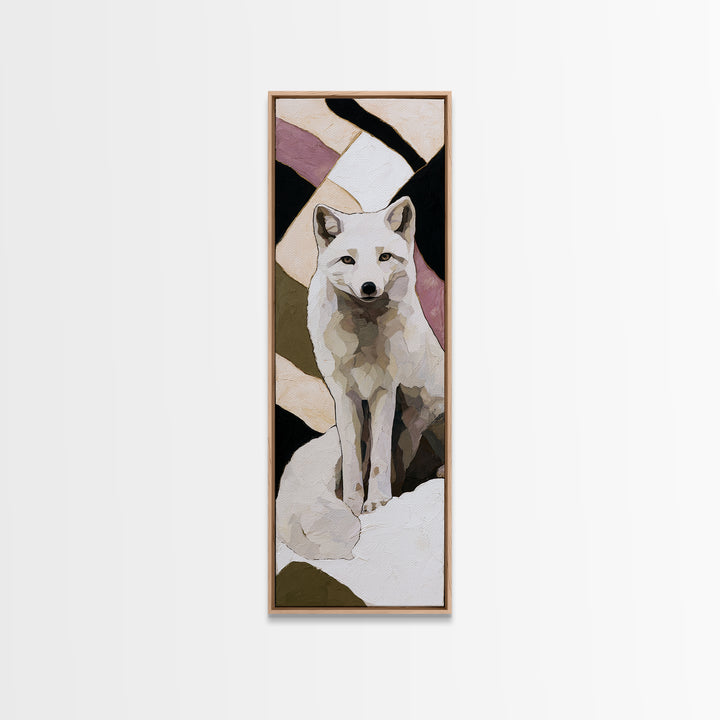 White Fox in Quiet Snow Framed Canvas Print, Scandinavian Art, Statement Artwork, Living Room Decor, Abstract Art, Nordic, SCA-1x3-96