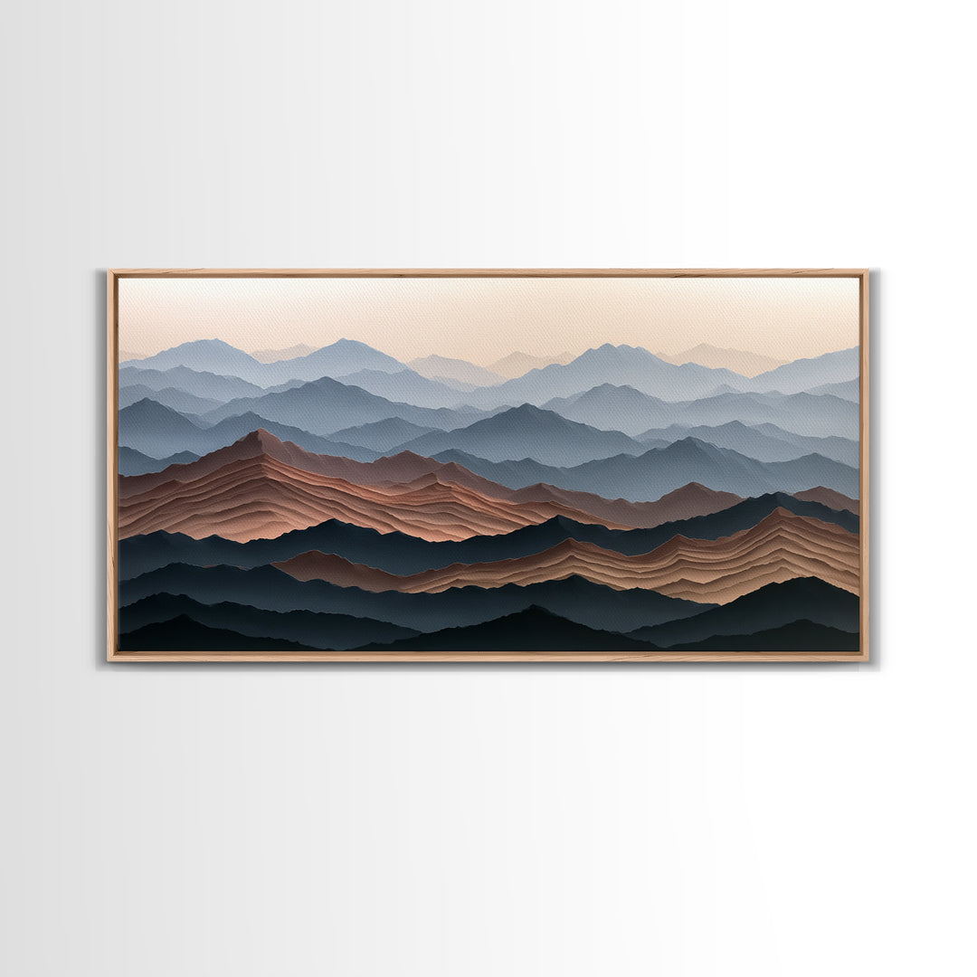 Muted Mountain Layers Framed Canvas Print, Scandinavian Art, Boho Wall Decor, Living Room Decor, Oil Painting, Nordic, SCA-2x1-100