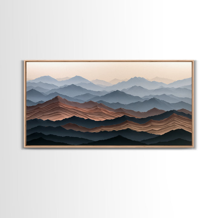 Muted Mountain Layers Framed Canvas Print, Scandinavian Art, Boho Wall Decor, Living Room Decor, Oil Painting, Nordic, SCA-2x1-100