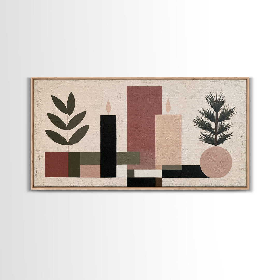 Hygge Candle and Pine Branch Still Life Framed Canvas Print, Scandinavian Art, Living Room Decor, Oil Painting, Nordic, SCA-2x1-24