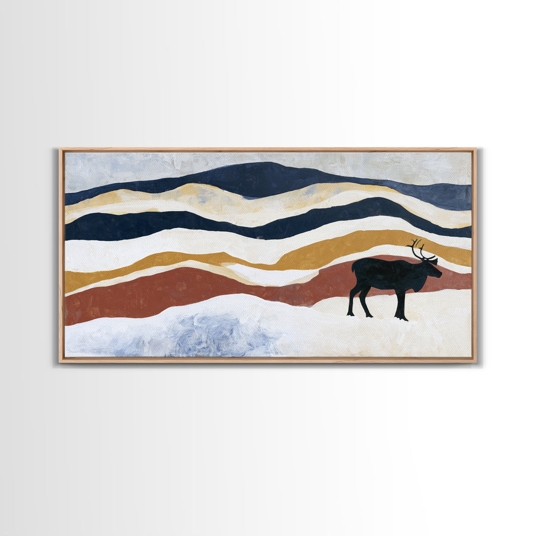 Reindeer Silhouette in Snowy Landscape Canvas Print, Scandinavian Art, Art, Living Room Decor, Fine Art, Nordic, Abstract Art, SCA-2x1-26