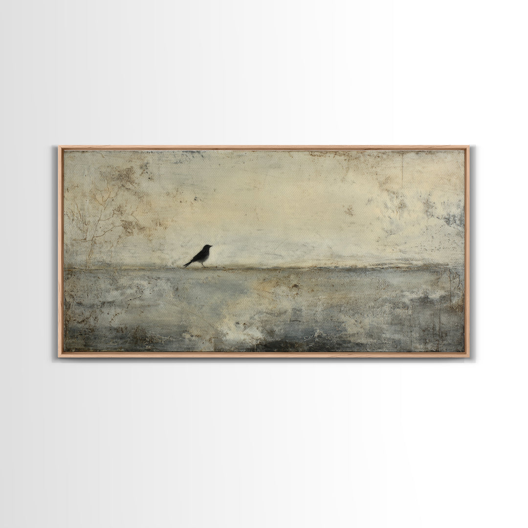 Single Black Branch on Warm White Background Framed Canvas Print, Scandinavian Art, Wall Decor, Living Room Decor, Nordic, SCA-2x1-40
