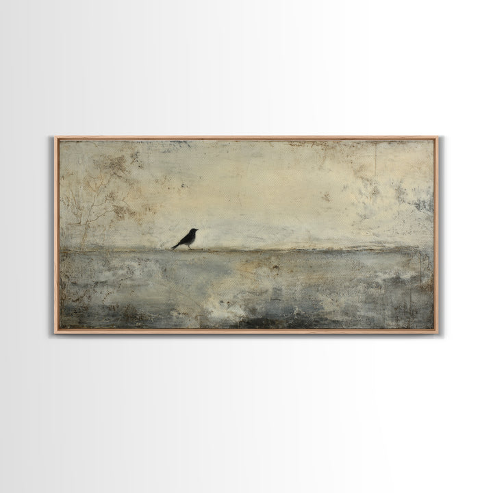 Single Black Branch on Warm White Background Framed Canvas Print, Scandinavian Art, Wall Decor, Living Room Decor, Nordic, SCA-2x1-40
