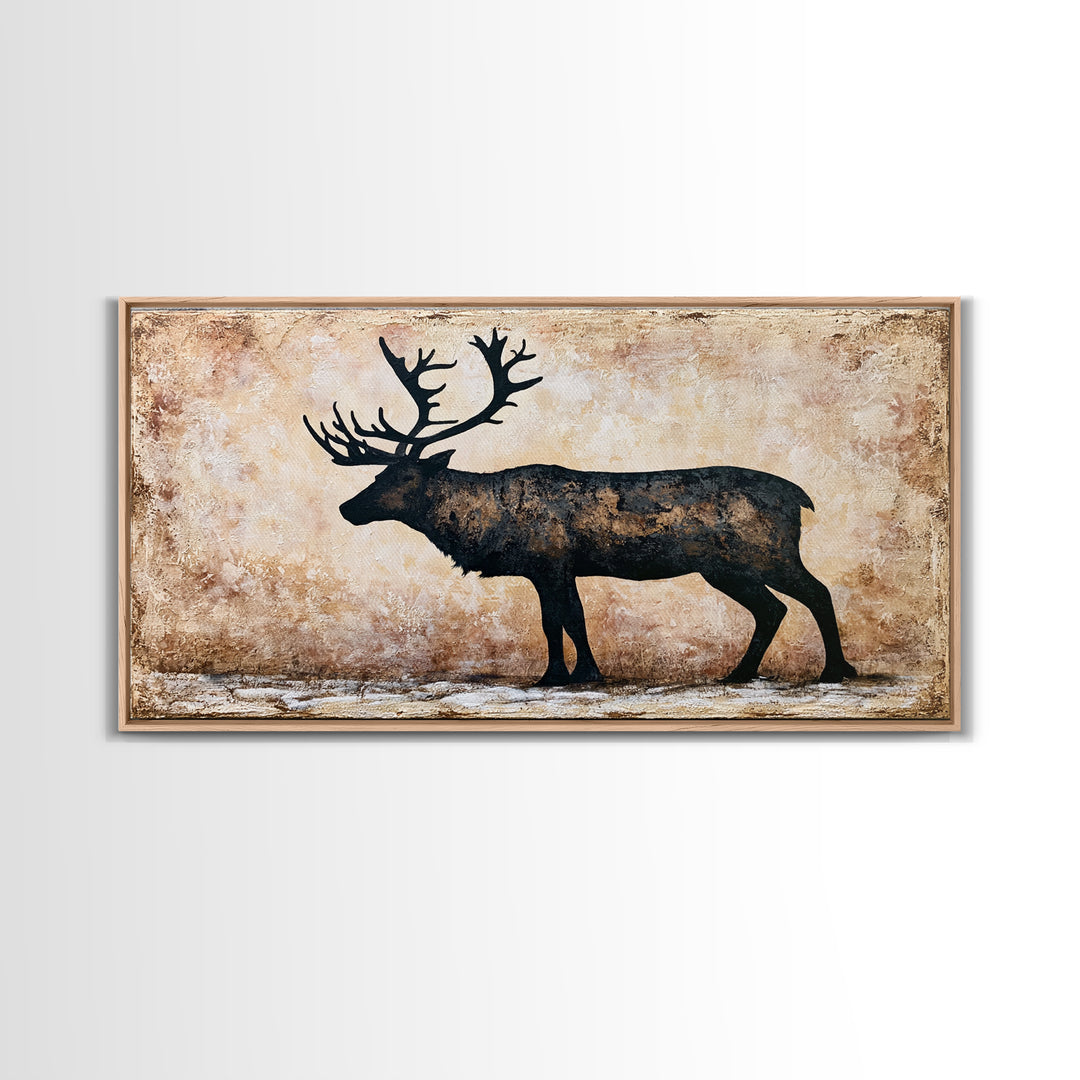Reindeer Silhouette in Snowy Landscape Canvas Print, Scandinavian Art, Mid Century Modern, Living Room Decor, Nordic, SCA-2x1-50
