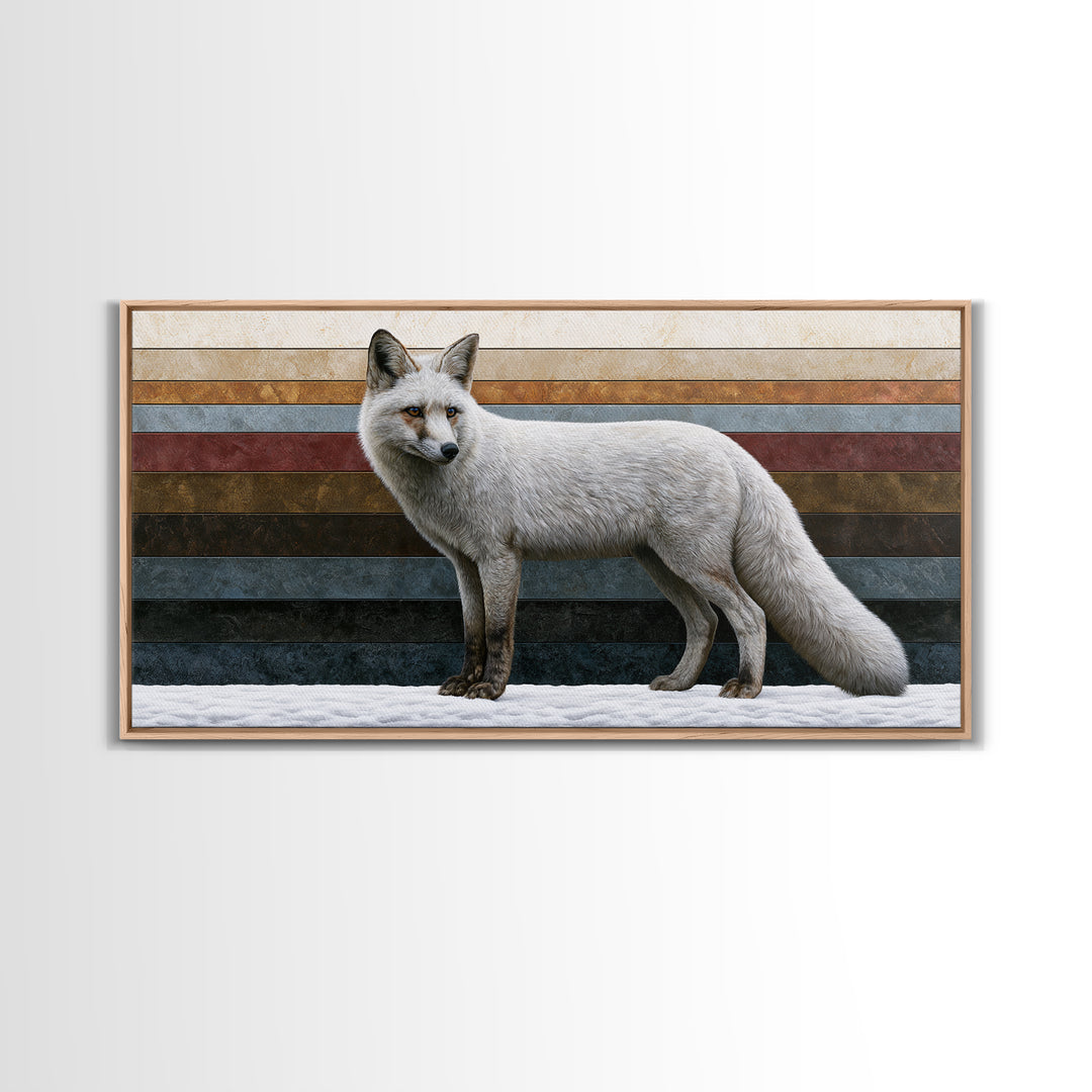 White Fox in Quiet Snow Framed Canvas Print, Scandinavian Art, Printable Wall Art, Living Room Decor, Fine Art, Nordic, SCA-2x1-56