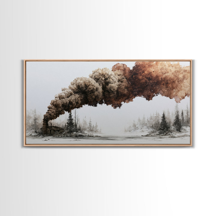 Winter Cabin Smoke Canvas Print, Scandinavian Art, Art Print, Living Room Decor, Oil Painting, Nordic, Farmhouse Decor, SCA-2x1-62