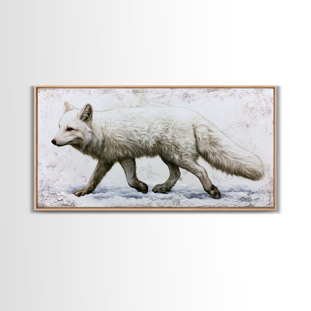 White Fox in Quiet Snow Framed Canvas Print, Scandinavian Art, Living Room Decor, Nordic, Gallery Decor, Neutral Decor, SCA-2x1-80