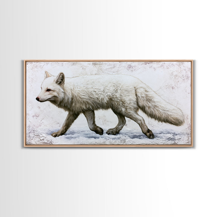 White Fox in Quiet Snow Framed Canvas Print, Scandinavian Art, Living Room Decor, Nordic, Gallery Decor, Neutral Decor, SCA-2x1-80