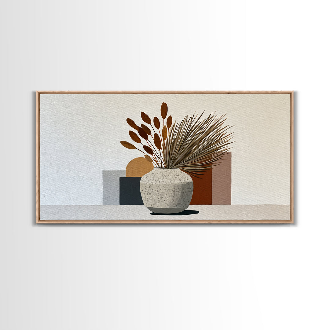 Ceramic Vase with Dried Grasses Framed Canvas Print, Scandinavian Art, Modern Wall Art, Living Room Decor, Watercolor Art, SCA-2x1-81