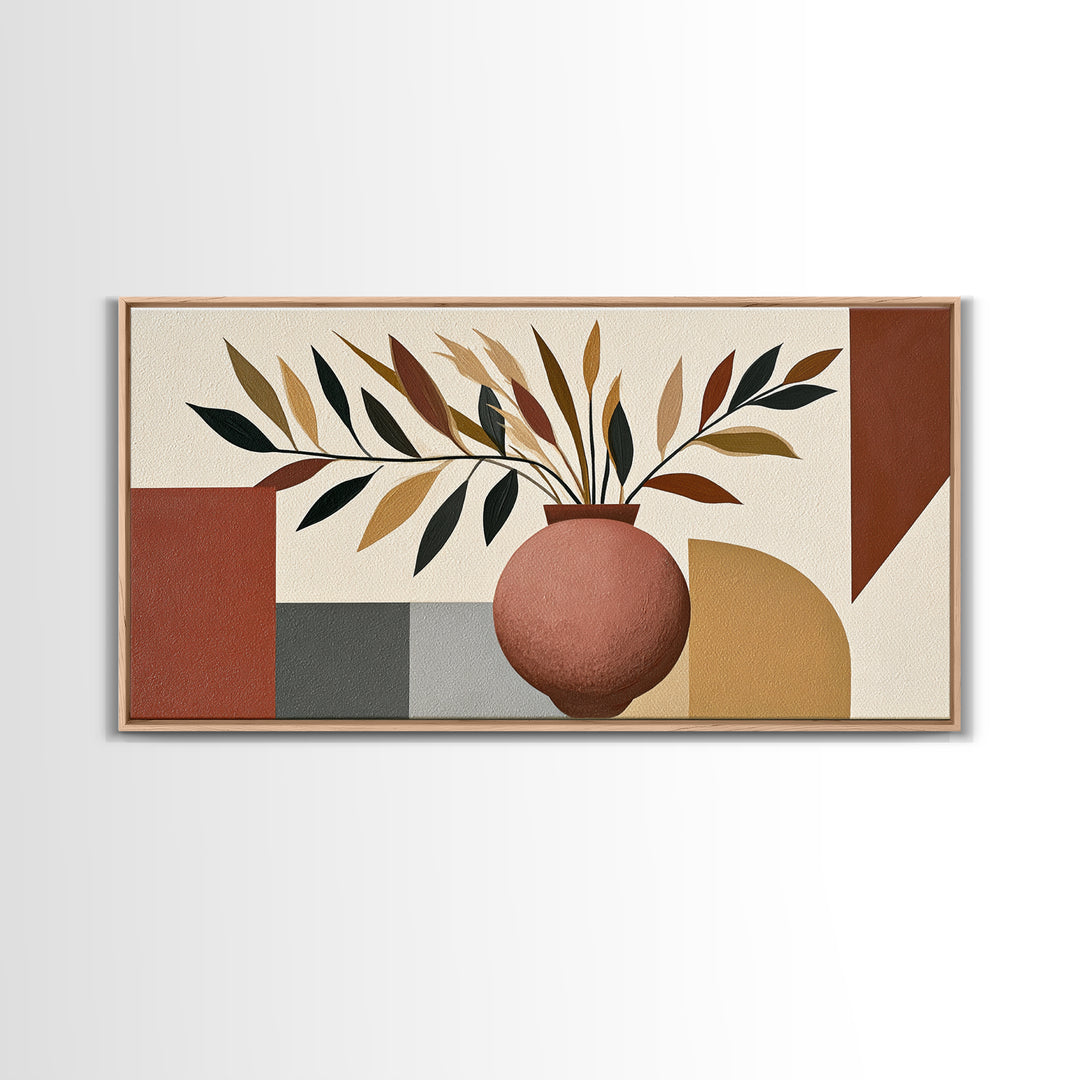 Ceramic Vase with Dried Grasses Framed Canvas Print, Scandinavian Art, Oil Painting, Living Room Decor, Fine Art, Nordic, SCA-2x1-9