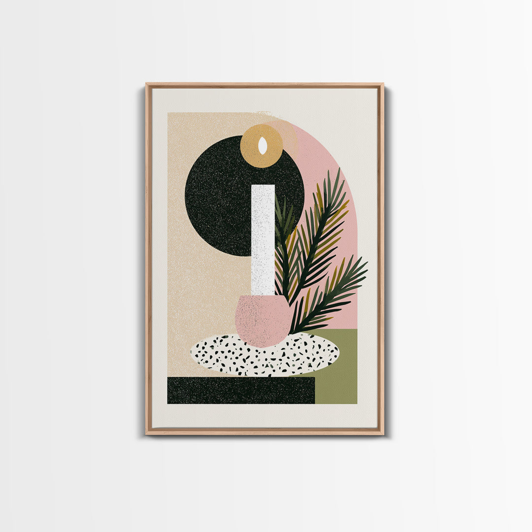 Hygge Candle and Pine Branch Still Life Framed Canvas Print, Scandinavian Art, Canvas Art, Living Room Decor, Fine Art, Nordic, SCA-2x3-12