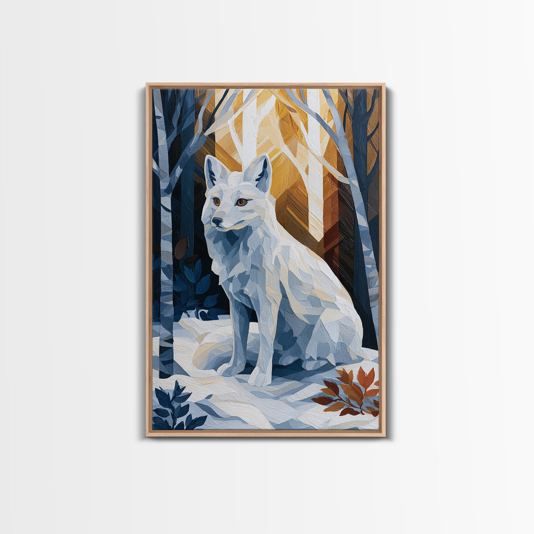 White Fox in Quiet Snow Framed Canvas Print, Scandinavian Art, Boho Wall Decor, Living Room Decor, Oil Painting, Nordic, SCA-2x3-20