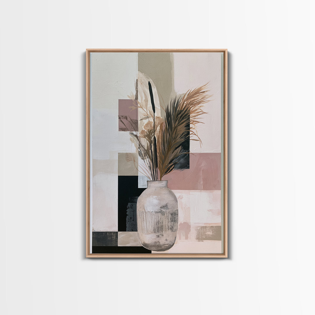 Ceramic Vase with Dried Grasses Framed Canvas Print, Scandinavian Art, Abstract Art, Living Room Decor, Oil Painting, Nordic, SCA-2x3-21