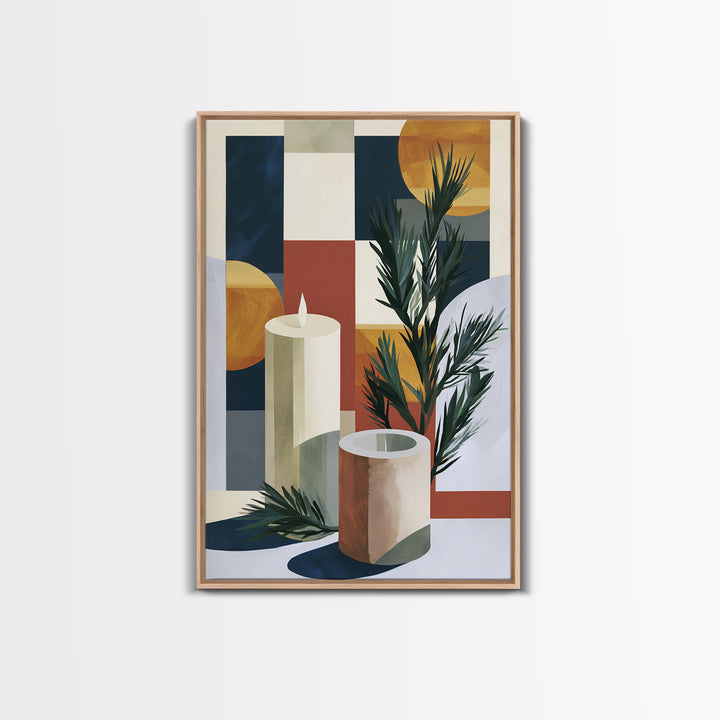 Hygge Candle and Pine Branch Still Life Framed Canvas Print, Scandinavian Art, Textured Painting, Living Room Decor, Nordic, SCA-2x3-36