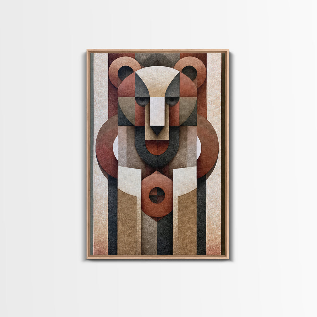Geometric Bear with Muted Colors Framed Canvas Print, Scandinavian Art, Modern Wall Art, Living Room Decor, Abstract Art, SCA-2x3-53