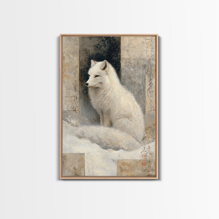 White Fox in Quiet Snow Framed Canvas Print, Scandinavian Art, Abstract Painting, Living Room Decor, Fine Art, Nordic, SCA-2x3-68