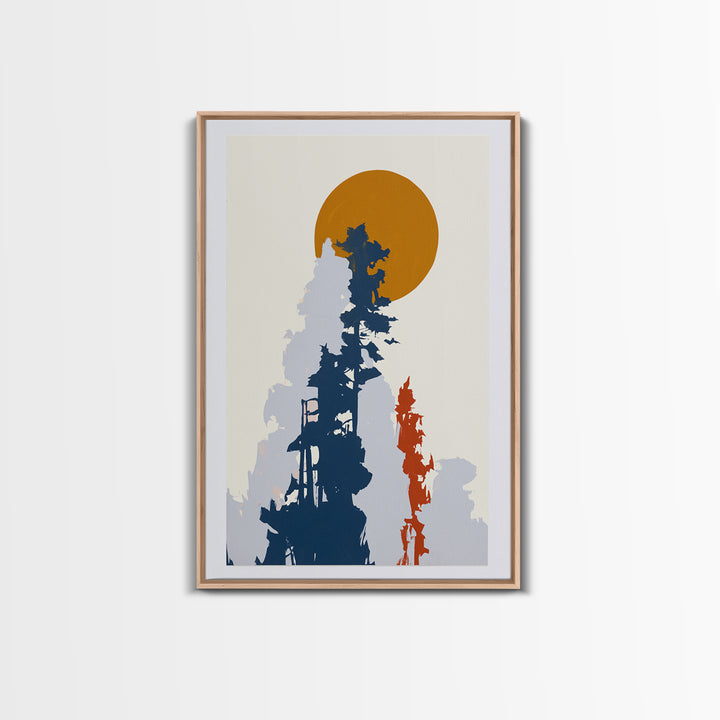 Minimal Sun over Pine Forest Framed Canvas Print, Scandinavian Art, Abstract Painting, Living Room Decor, Fine Art, Nordic, SCA-2x3-73