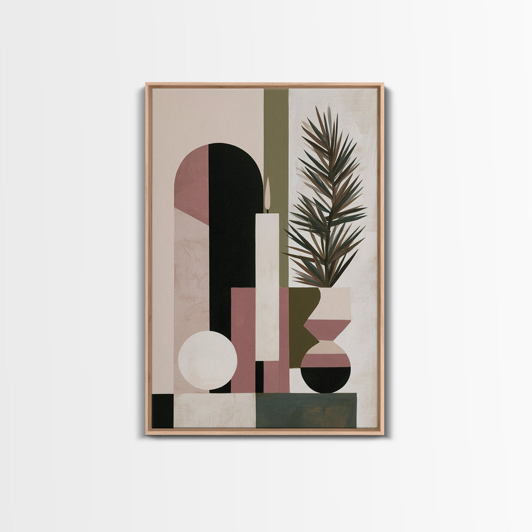 Hygge Candle and Pine Branch Still Life Framed Canvas Print, Scandinavian Art, Wall Art, Living Room Decor, Watercolor Art, SCA-2x3-84