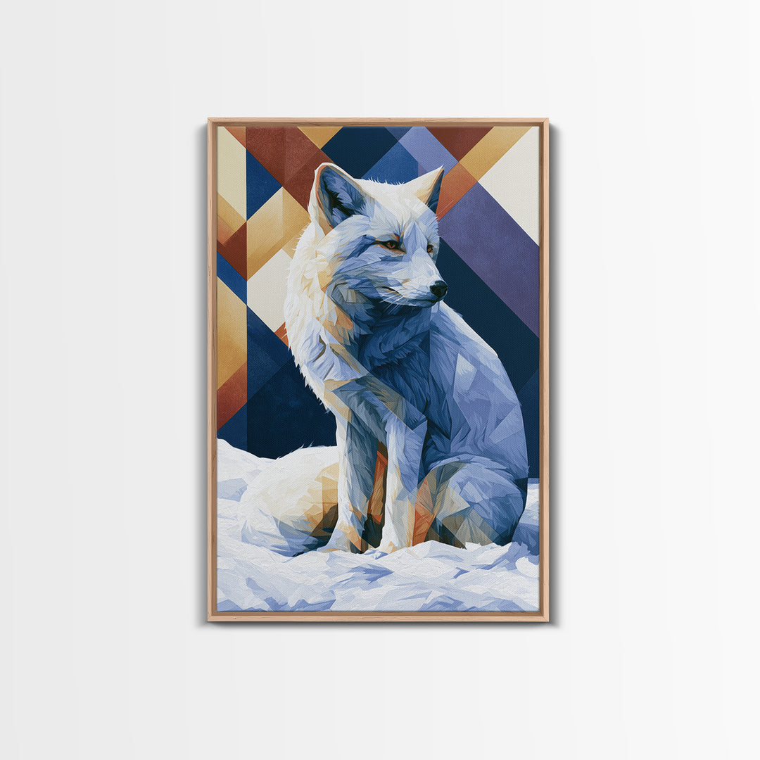 White Fox in Quiet Snow Framed Canvas Print, Scandinavian Art, Mid Century Modern, Living Room Decor, Abstract Art, Nordic, SCA-2x3-92