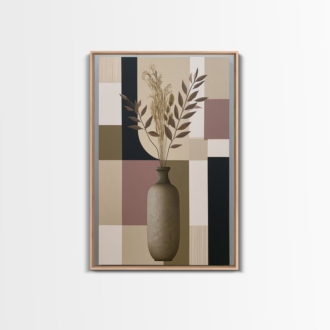 Ceramic Vase with Dried Grasses Framed Canvas Print, Scandinavian Art, Living Room Wall Art, Living Room Decor, Nordic, SCA-2x3-93